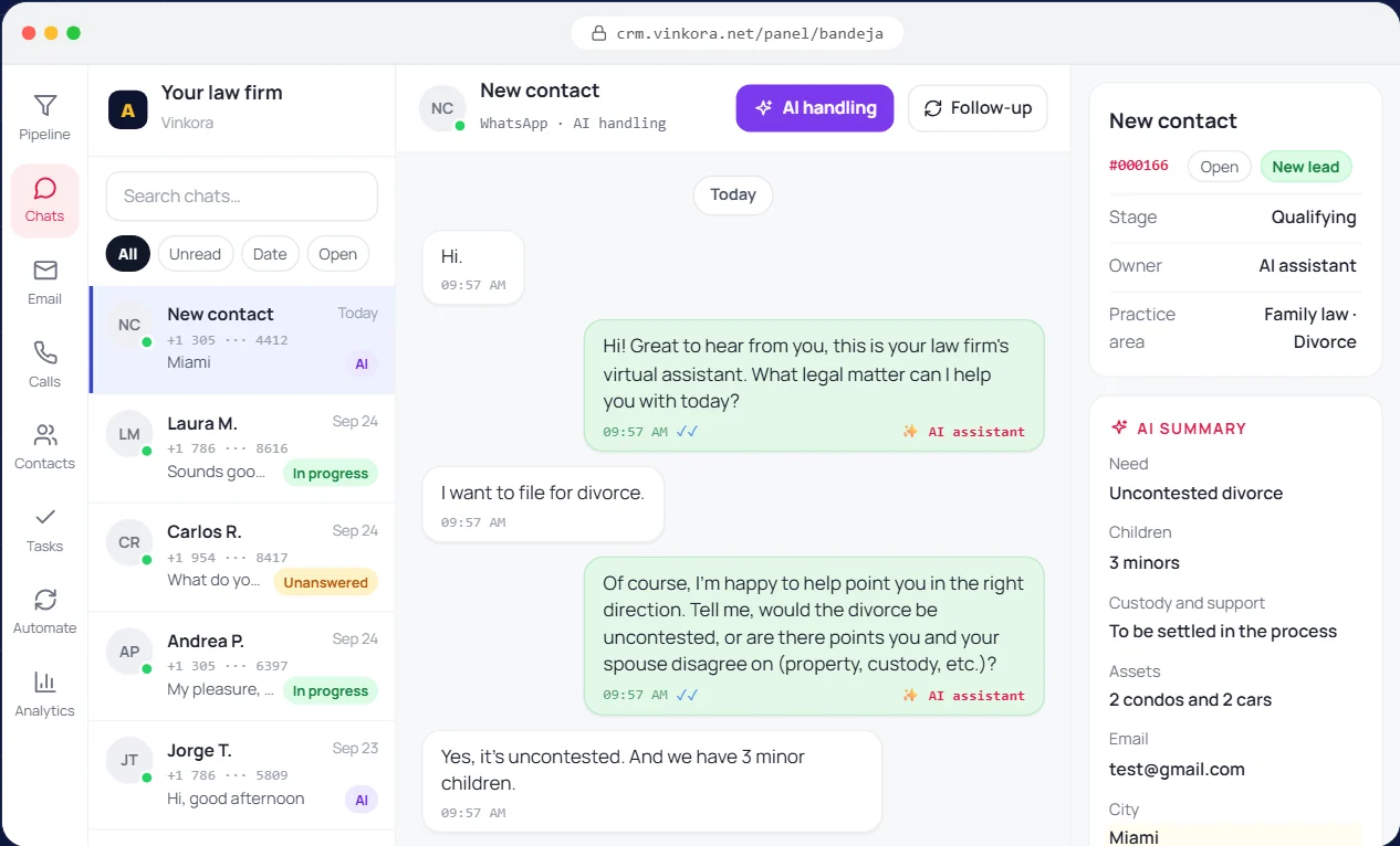 Vinkora CRM inbox: the AI agent handles a WhatsApp chat and fills in the lead summary